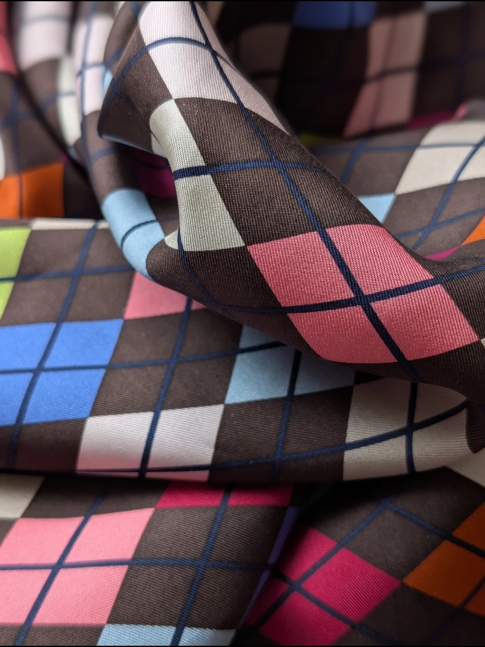 100% Silk Scarf Argyle Style Diamond Geometric 36x36
